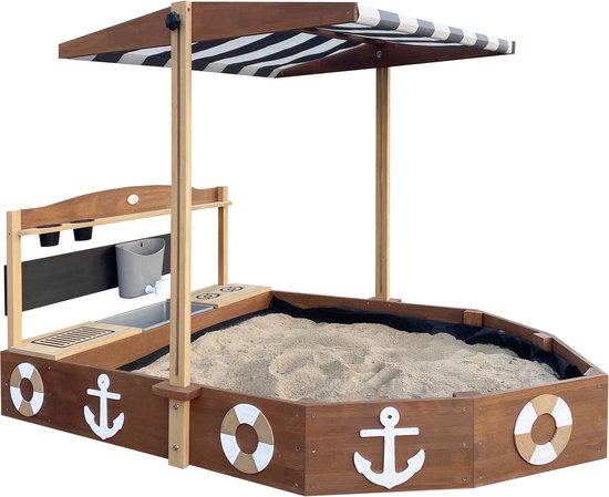 AXI Dora Boot Sandkasten mit Spielküche und Dach (UV50) 160 x 100 cm Anthrazit/Braun – Mit Kreidetafel und Stauraum – Inklusive Bodenplane – 10 Jahre Garantie!
