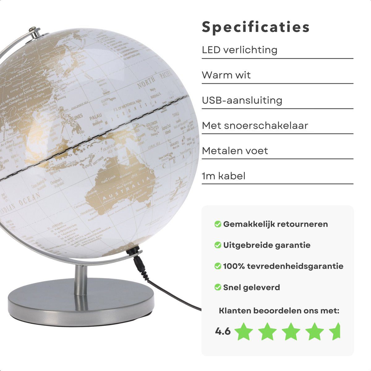 Cheqo® Globuslampe 31 cm - LED-Kugel mit Beleuchtung - Weißgold - Dekorative USB-Kugellampe