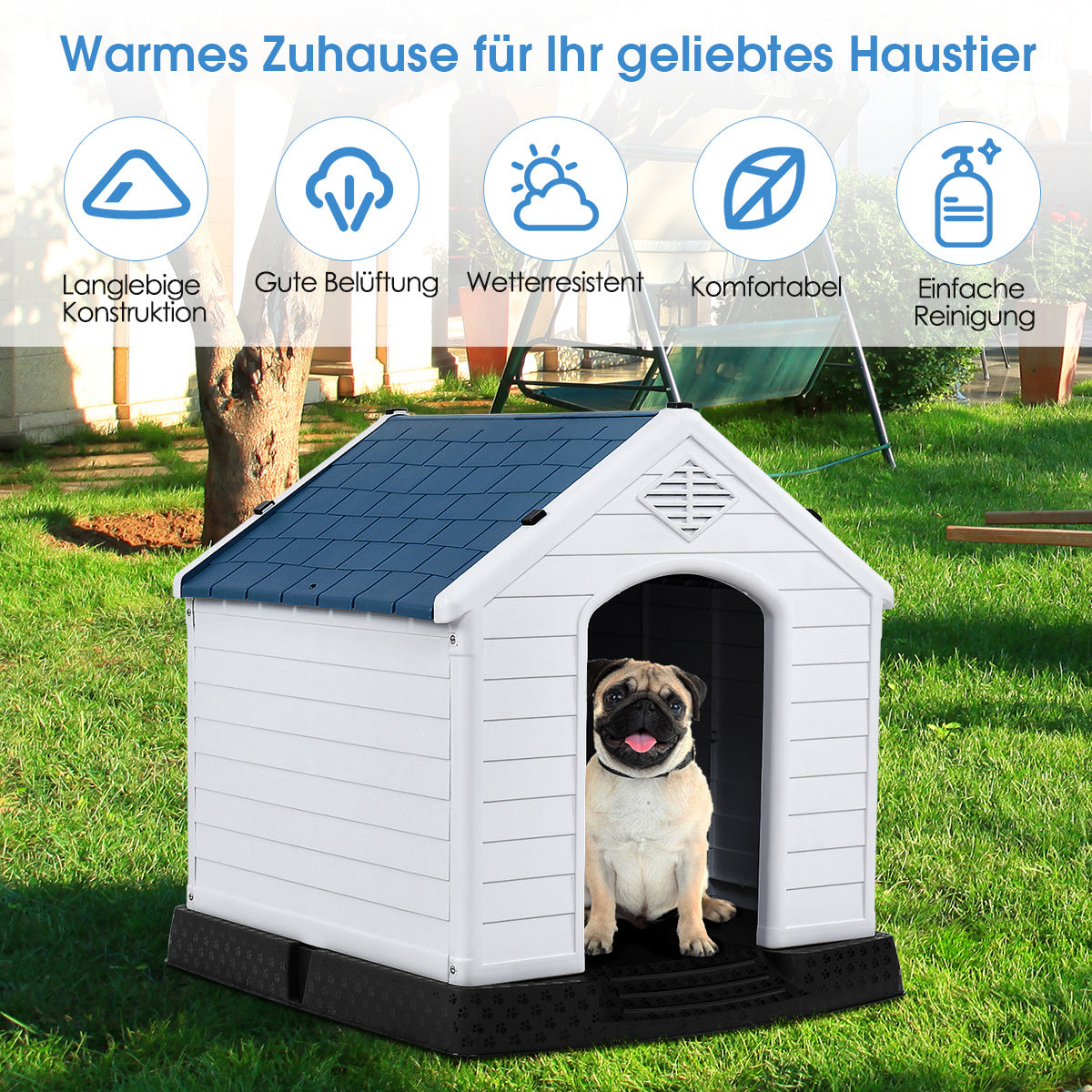 Coast Plastic Dog Hut Pet heeft hondenhuis nodig voor tuin 87,7 x 78,5 x 81,5 cm wit + blauw