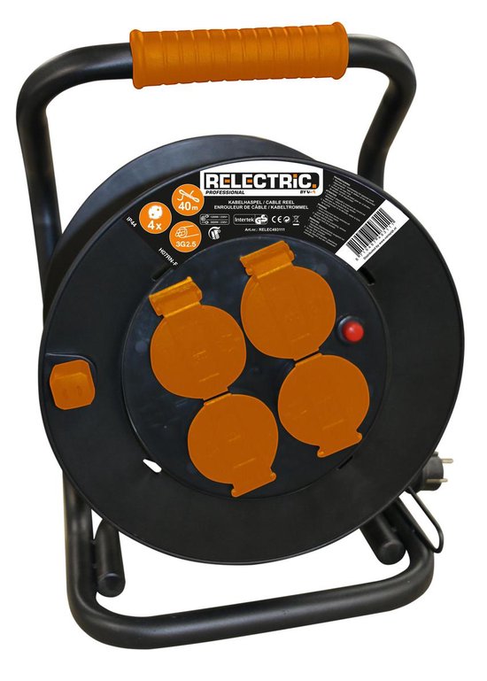 Relectric Pro Kabelrolle – 40 m – 4 Steckdosen – Mit Aufrollknopf – Schutzleiter – IP44 – RELEC493111