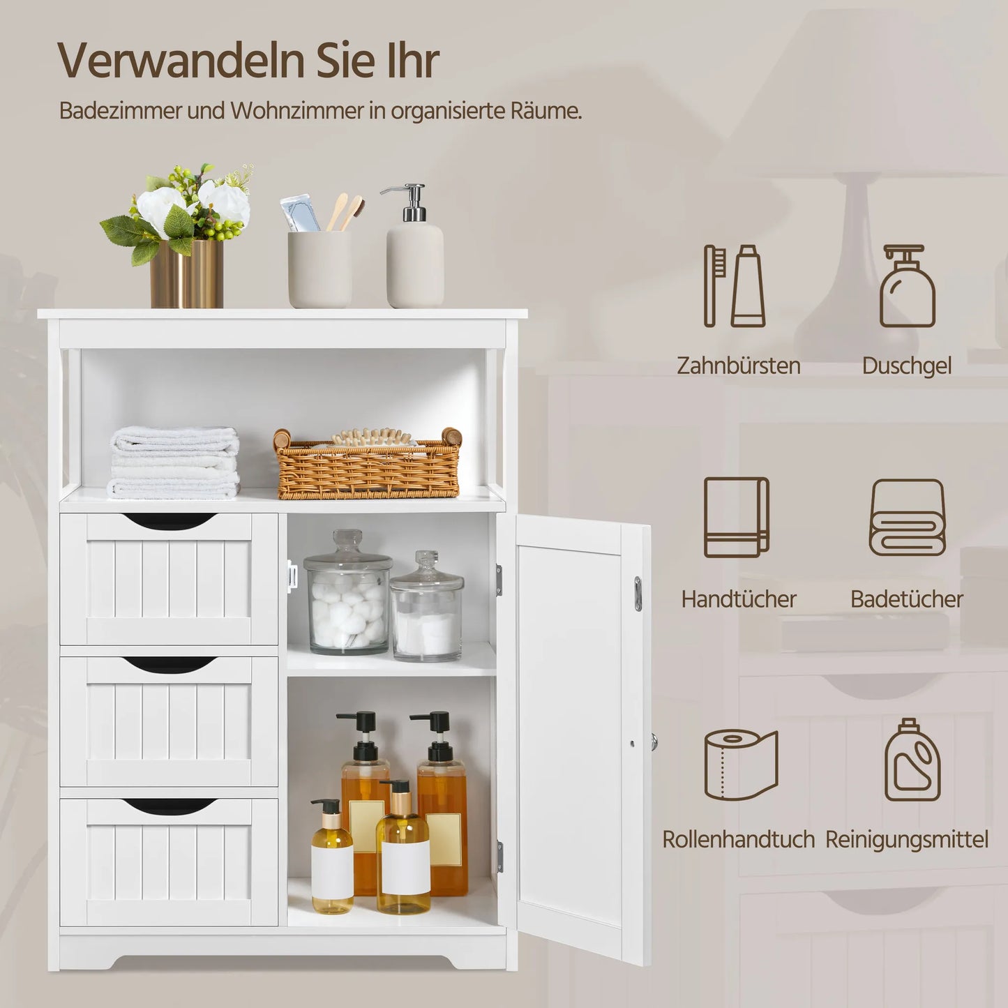Yaheetech Badezimmerschrank mit 3 Schubladen - mit verstellbarem Regal und offenem Stauraum und Metallbeschlägen - für Badezimmer, Wohnzimmer und Schlafzimmer - weißes Mdf und Metall - 66 x 35 x 90 cm