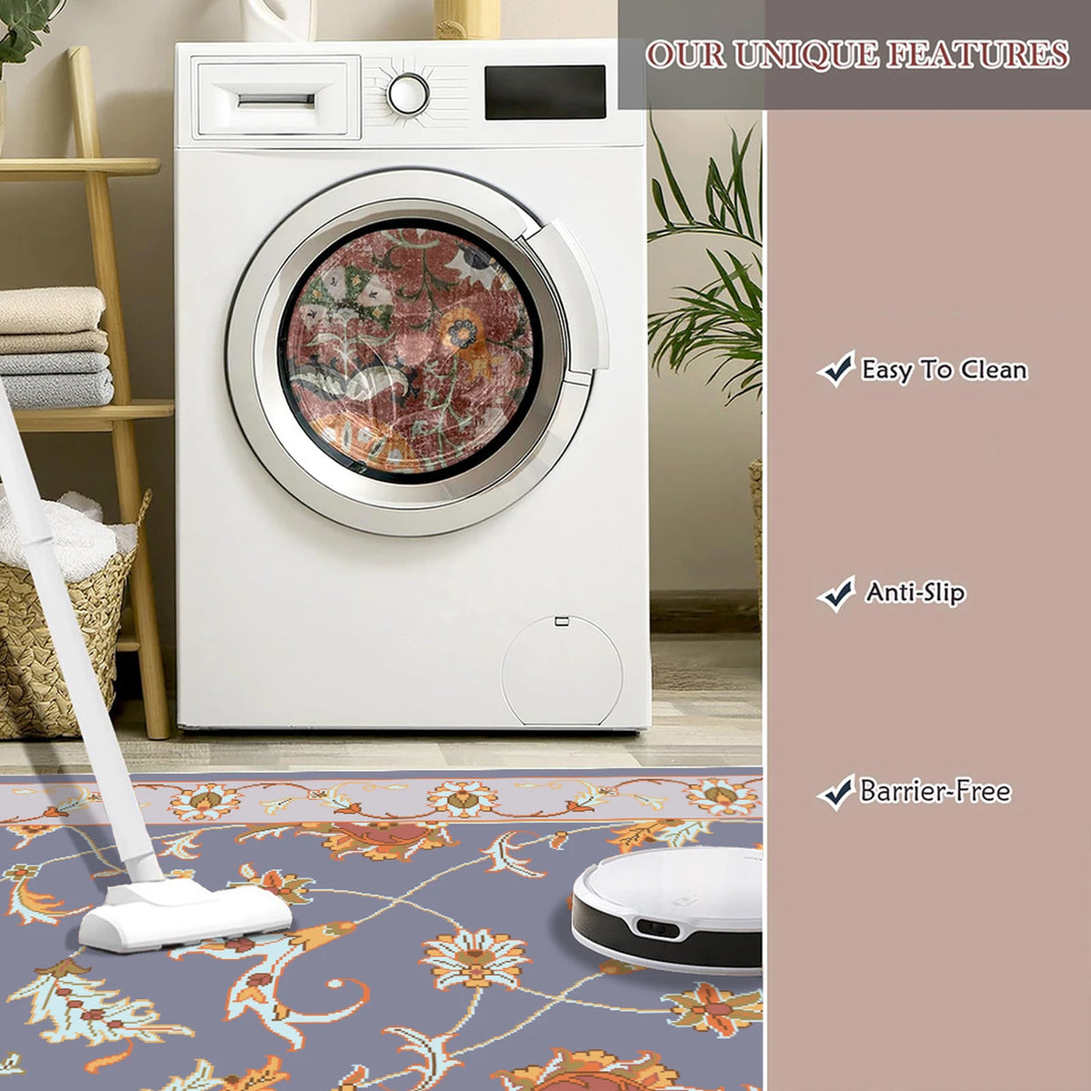 WhereHike Teppich mit Blumen- und Vogelmotiv – Lila – 183 x 274 cm – Waschbar, rutschfest