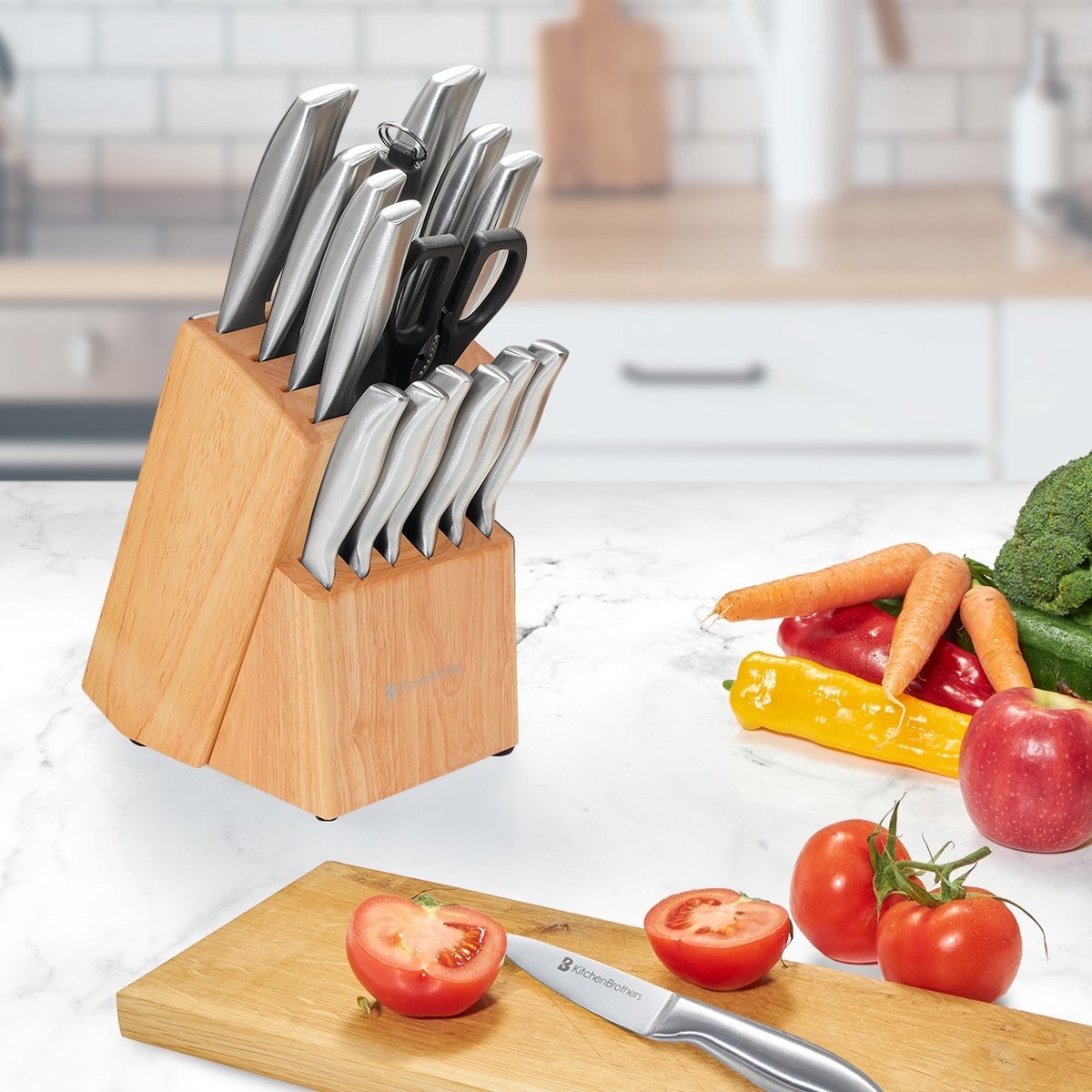 KitchenBrothers Messerset - Messerblock - 16-teilig - mit Schere und Wetzstahl - Rubberwood
