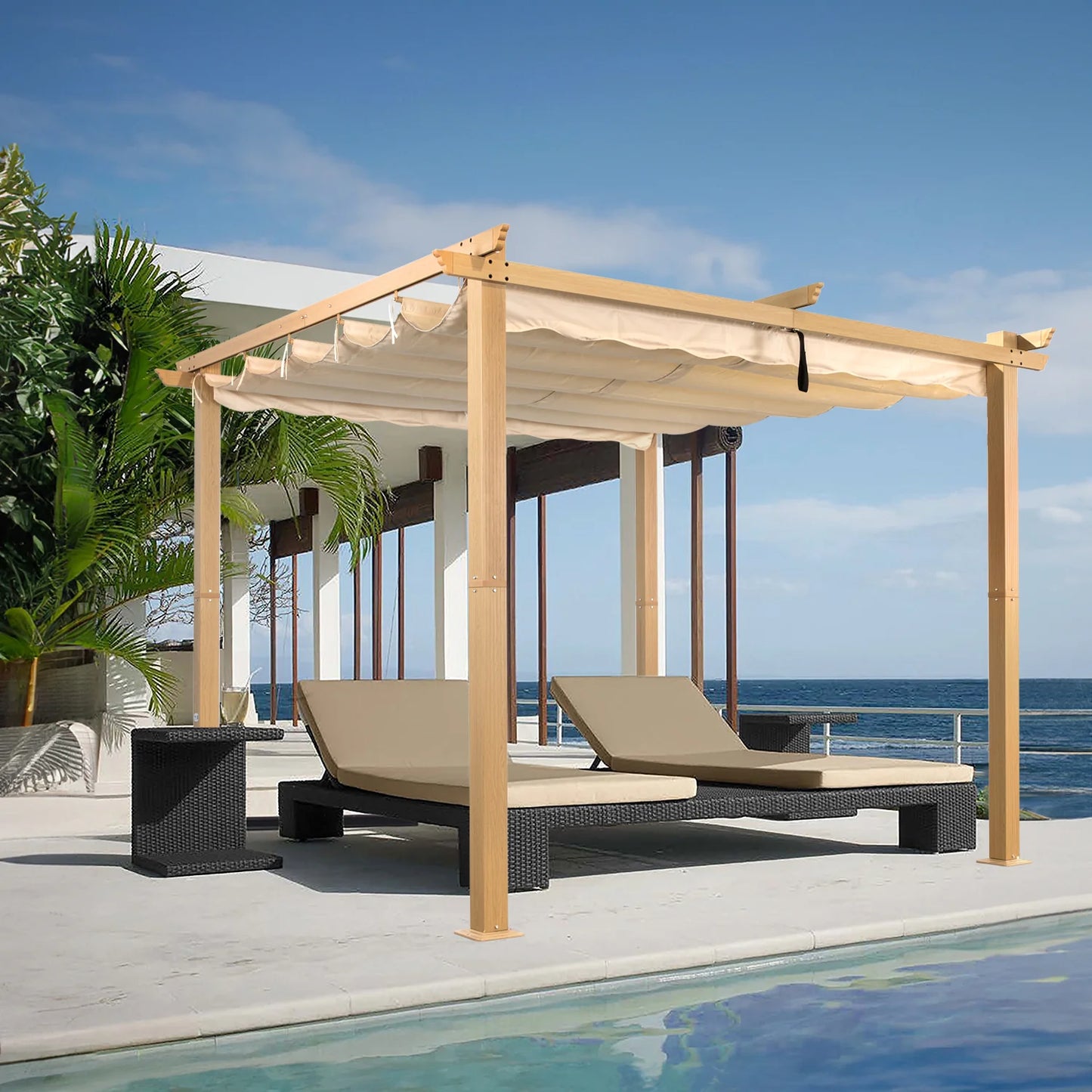 Angel Living Aluminium-Pergola 3×3 m Creme-Gelb – Ausziehbares Dach UV50+, Dachrohre aus Stahl, pulverbeschichtet
