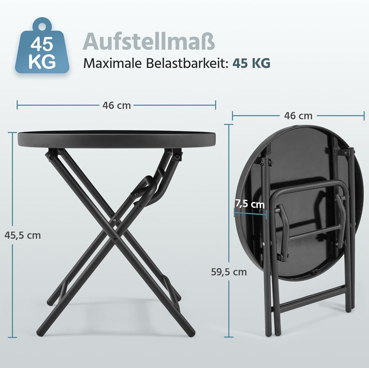 Yaheetech Runder Klapptisch Ø 46 cm – schwarzes Glas und Metall, wetterfest