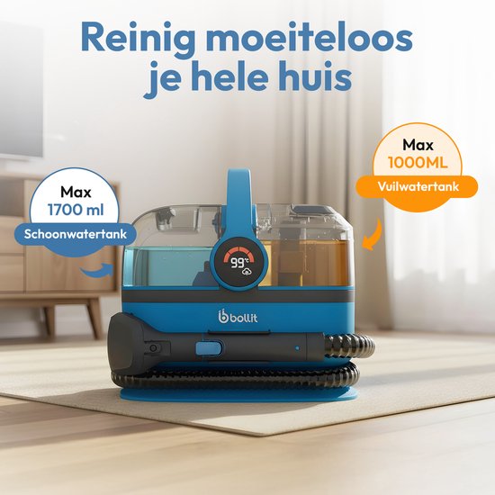 BOLLIT 4-in-1-Teppichreiniger XL 1800 W Ultra – Dampfreiniger und Fleckenentferner – 100 °C Dampf – Sofarreiniger – Möbelreiniger – Handdampfreiniger - Matratzenreiniger – Sesselreiniger – Reiniger für Auto, Sofa, Boden und Teppich (V6 Azure Blau)