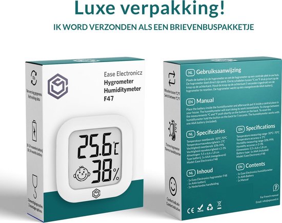 Ease Electronicz Hygrometer - Wetterstation - Luftfeuchtigkeitsmesser - Thermometer für Innenräume - inkl. Batterie und Klebestreifen