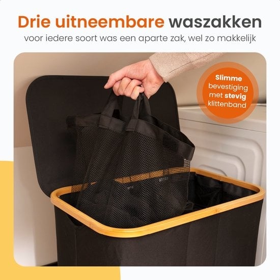 Goliving Wäschesortierer 3 Boxen - 150L - Faltbarer Wäschekorb mit Deckel - 3 herausnehmbare Taschen mit farbigen Etiketten - 57 x 37 x 66 cm - Schwarz