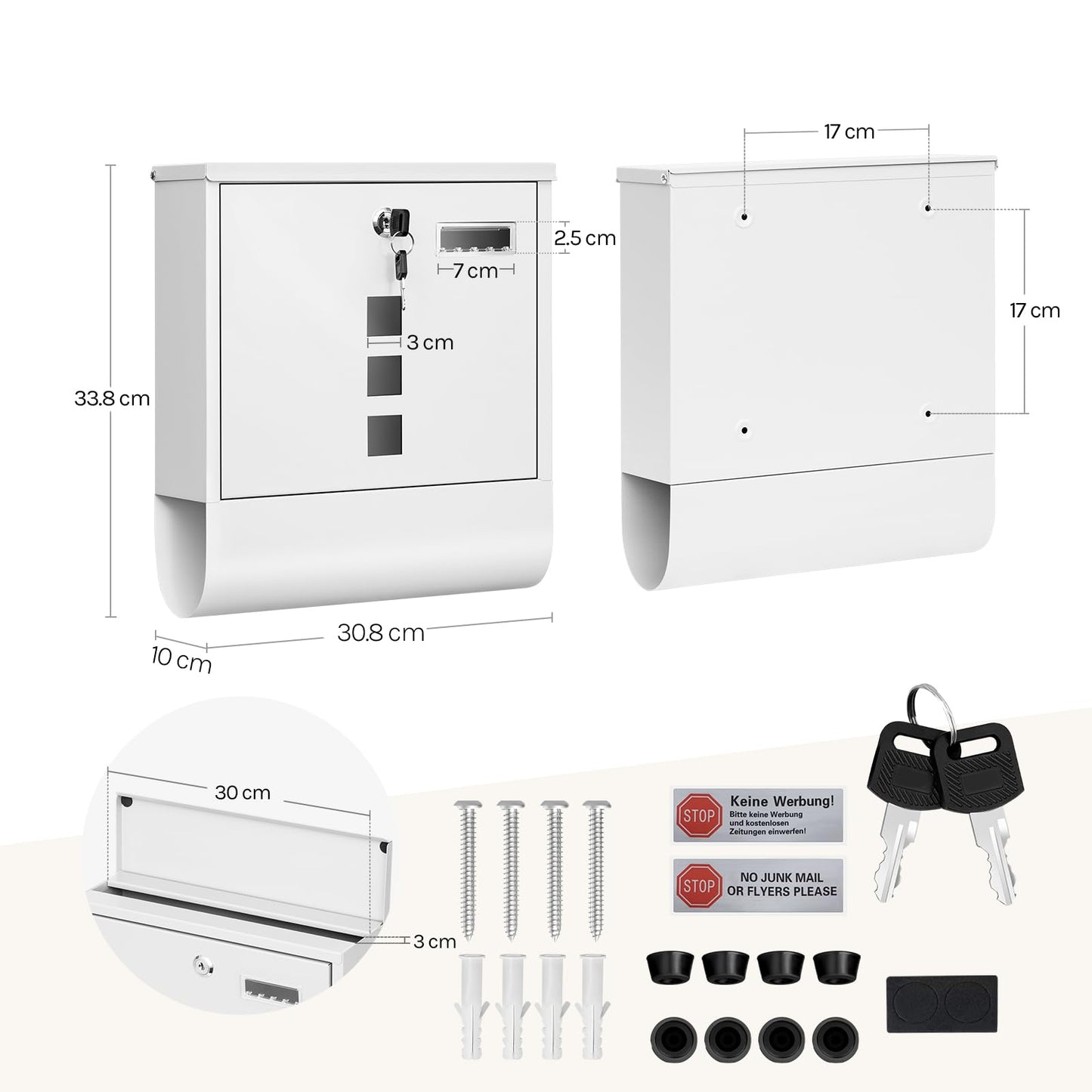 Woltu Wandbriefkasten – 10 × 30,8 × 33,8 cm – Zeitungsfach – Namensschild – Weiß