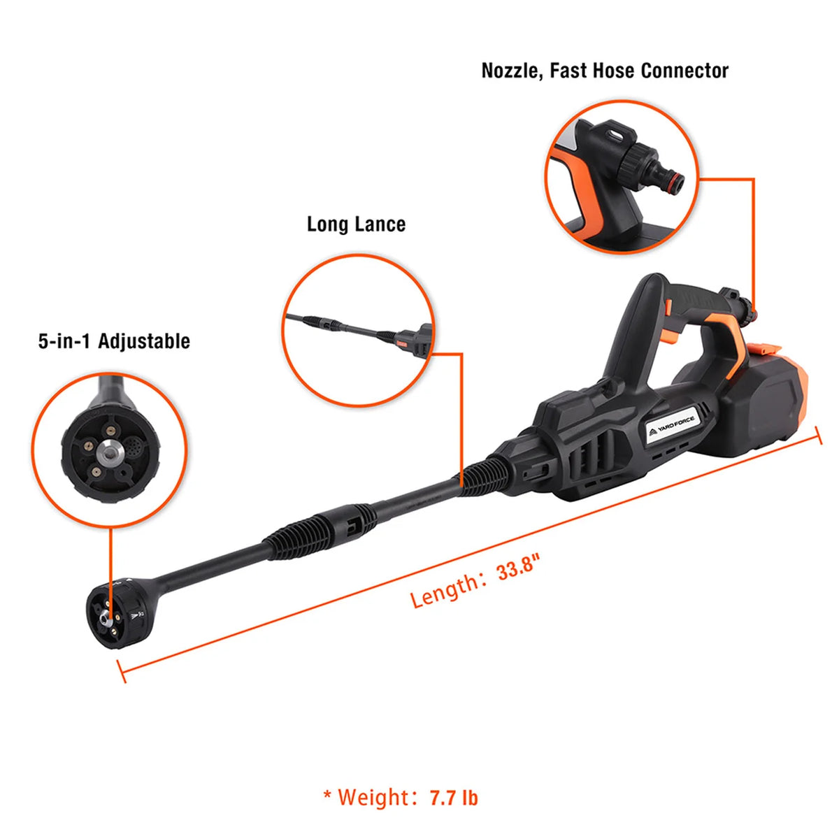 Yard Force 20-V-Akku-Hochdruckreiniger – 665 PSI – 5-in-1-Düse, selbstansaugend