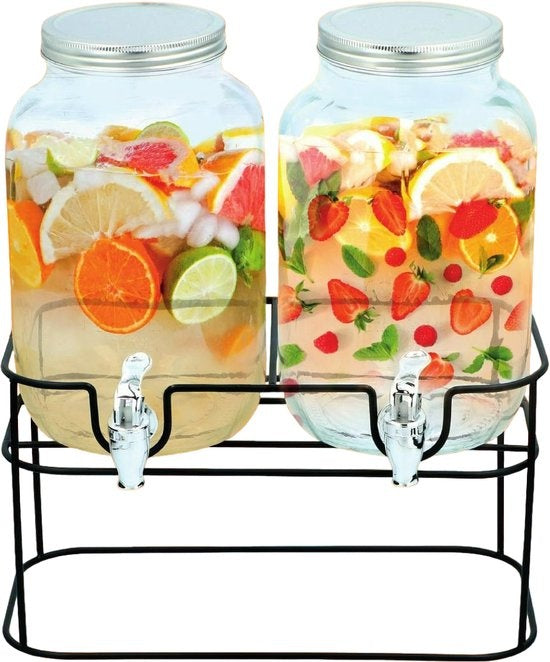 Doppel-Getränkespender - 2x 4 Liter - inkl. Ständer 33x17x32cm - Glas - Schwarz/Transparent