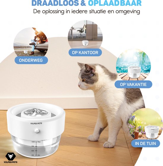 Vulpes Goods Pets - Trinkbrunnen für Katze & Hund PRO - Kabellos - Wiederaufladbar - Tragbar - Anti-Spill - weiß