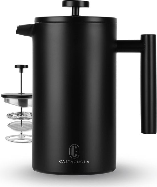 Castagnola Cafetière - Doppelwandige Kaffeemaschine - French Press - Edelstahl - 1 Liter - Schwarz