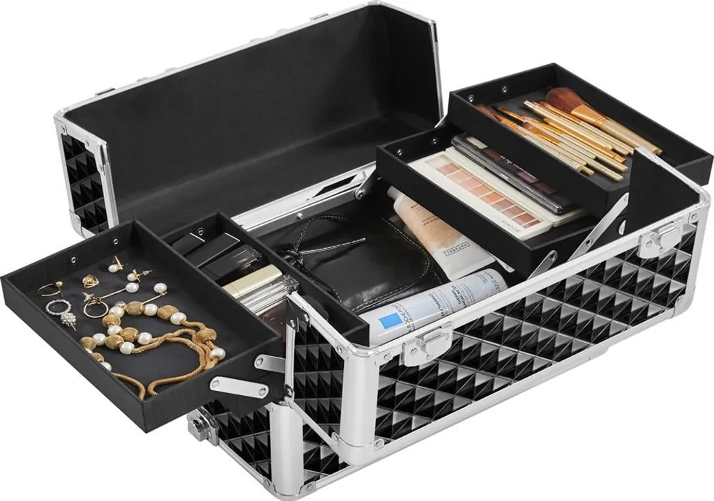 3-in-1-Kosmetik-Trolley auf Rädern mit abnehmbaren Koffern und Teleskopgriff, schwarz
