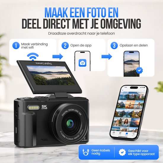 Strex Digitalkamera 5K 75 MP – Fotokamera – Kompaktkamera mit WLAN – Vlog-Kamera – Fotokamera für Kinder – 18-facher Zoom – schwenkbares Display – Schwarz