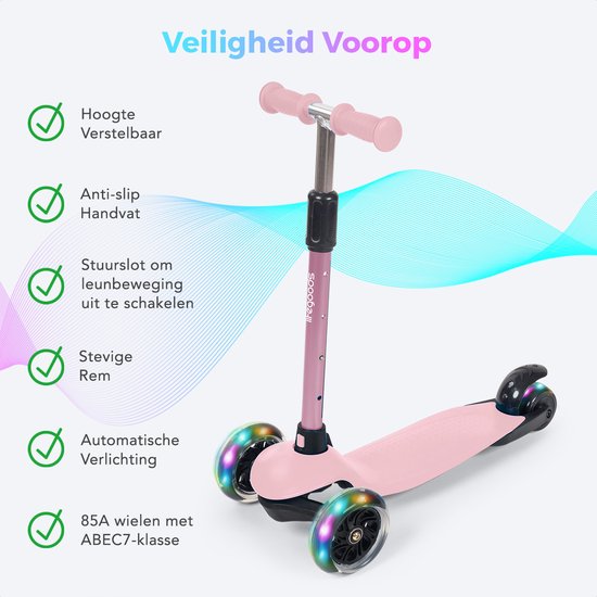 LifeGoods - HappyStep - Kinder-Roller - Schritt 2-5 Jahre - 3 leuchtende LED-Räder - höhenverstellbar - Jungen/Mädchen - Pastellrosa