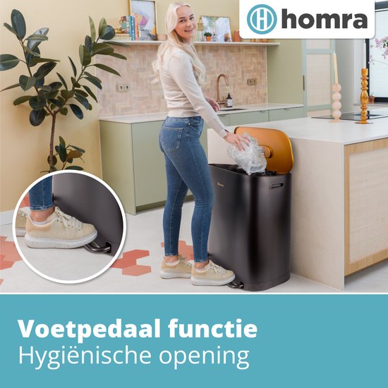 Homra Rockx Mülleimer 60 Liter – Duo-Treteimer 2×30 l mit Geruchsfilter – Edelstahl-Mülltrennbehälter mit 2 Fächern – Recycling-Mülleimer – Küchenmülleimer – Mülleimer zur Mülltrennung – Doppel-Mülleimer in Schwarz und Kupfer