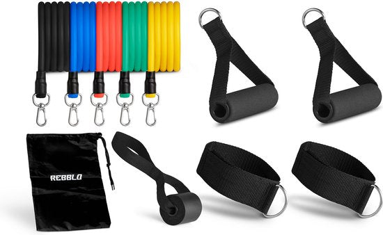 Rebblo – Heimtrainingsset – 10-teilig – Widerstandsbänder – Fußschlaufen – Griffe – Türanker – Fitnessset inkl. Aufbewahrungstasche – 2/3/4/5/6 kg