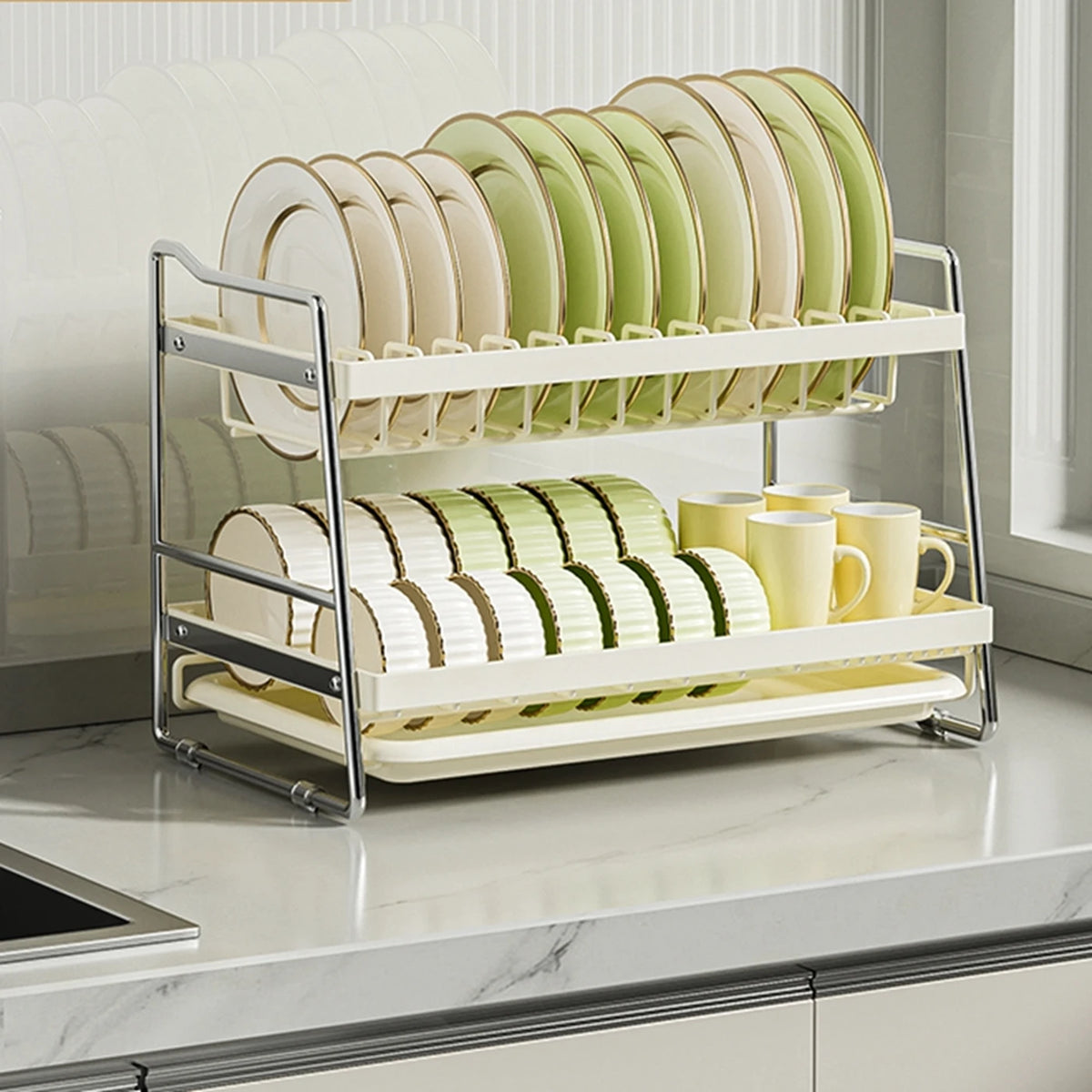Maxcook Abtropfgestell, 2-stöckig – mit Auffangschale – 40 x 23,6 x 28,7 cm – Weiß