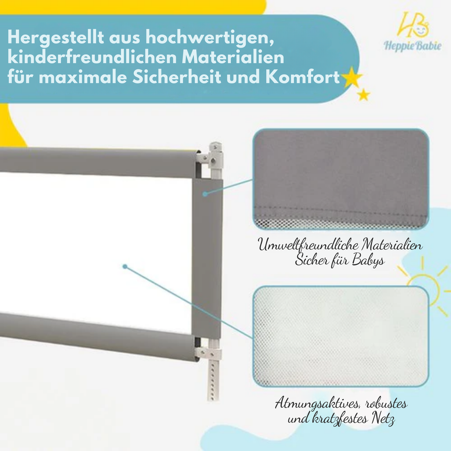 HeppieBabie Bettgitter - Universal - 150 CM - Verstellbar - mit Sicherheitsnetz - Bettgitter - Grau