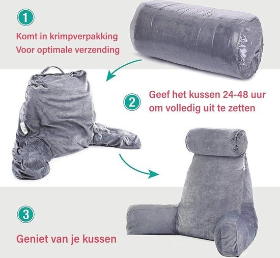 EL Life Lesekissen mit Nackenrolle - Entspannungskissen - Sitzkissen - Unterstützung für den unteren Rücken - Faulenzerkissen - Samt Hellgrau