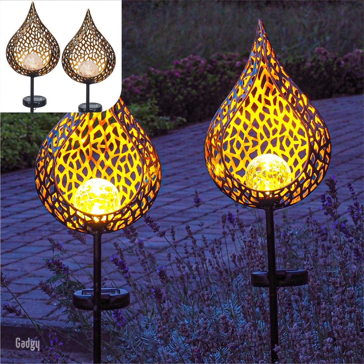 Gadgy Solar Drip mit Erdspieß - Solar Gartenleuchten - 2er Set - 90 cm hoch - Kupferfarbenes Metall - Solar Gartenleuchten - Led Außenbeleuchtung mit Sensor - Gartenfackel - Gartenpfahl