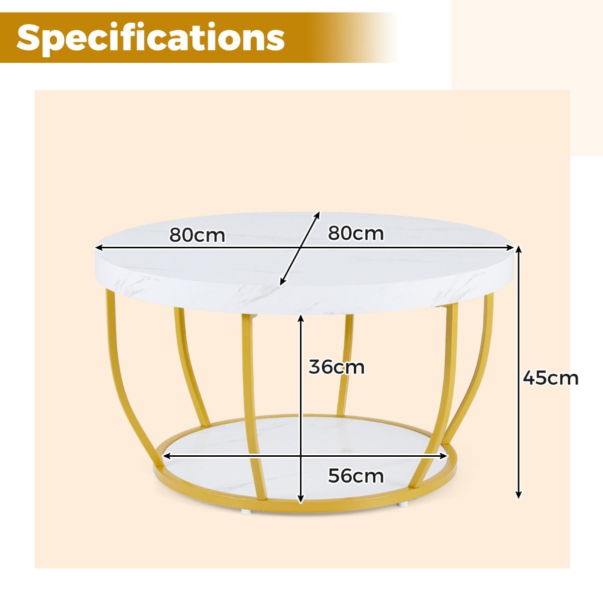 Coast Runder Couchtisch – 2 Ebenen – Metallgestell – weiß – 80 x 45 cm