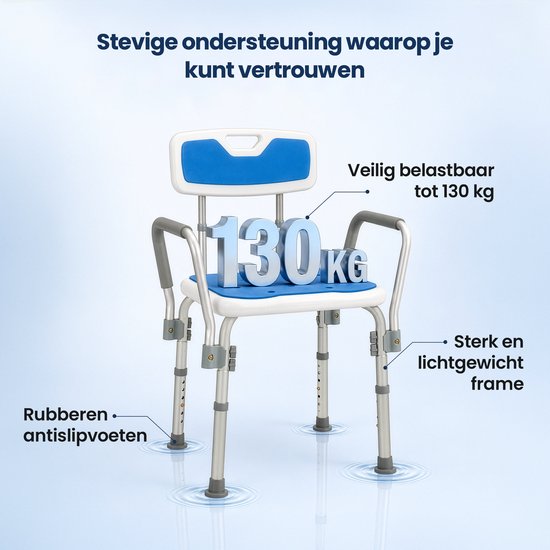 Truesafe Duschstuhl mit abnehmbarer Rücken- und Armlehne – Duschhocker – Badezimmerstuhl – rutschfest – höhenverstellbar – max. 130 kg + Duschbeutel