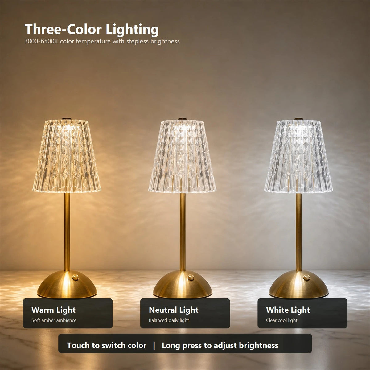 Kabellose LED-Tischlampe mit Touch-Bedienung – 3 Lichtfarben – stufenlos dimmbar – 1800 mAh – über USB-C aufladbar – 8–10 Stunden – Gold