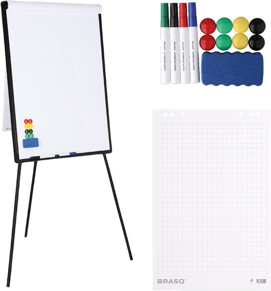 BRASQ Flipchart - 70x100 cm - Verstellbares Whiteboard - Inklusive 25 Blatt Papier, 4 Marker, 8 Magnete, Radiergummi - Magnettafel mit Haken - Magnettafel - Schwarz