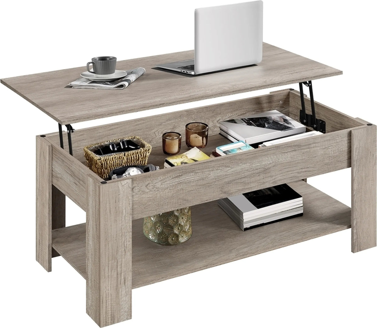 Yaheetech Couchtisch mit Lift-Top-Funktion - Mit versteckter Ablage und verstellbarem unteren Regal und Federmechanismus - Für Wohnzimmer und Arbeitszimmer - Grau Mdf und Metall - 120 x 59 x 49,5-63,5 cm