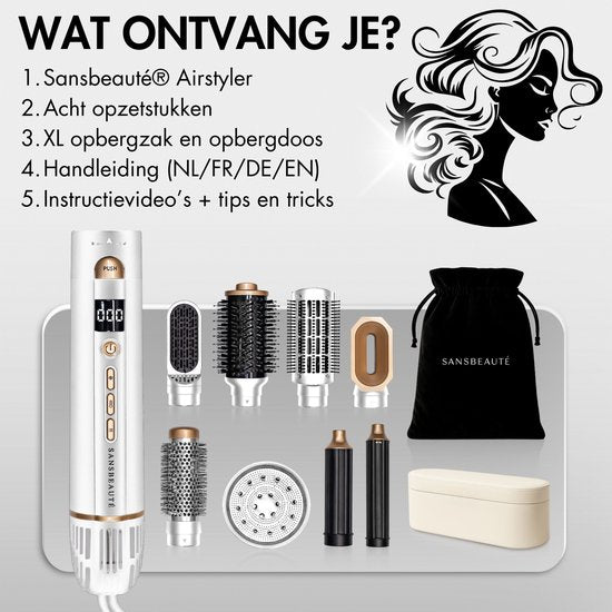 Sansbeauté® 8-in-1-Lockenbürste - Mit Diffusor und Aufbewahrungsbox - Multistyler - Fönbürste für kurzes Haar - Haarstyler - Haartrockner - Wärmebürste - Lockenbürste - Lockenstab - Stylingbürste - Drehkabel