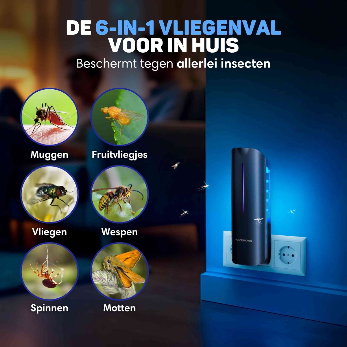 Vulpes Goods® Repellent Mückenlampe 9x9x25cm - Grau - UV-LED Fliegenlampe mit Klebestreifen - Geräuschlos, geruchlos & giftfrei - Inklusive 10 nachfüllbaren Klebeblättern - Für den Innenbereich