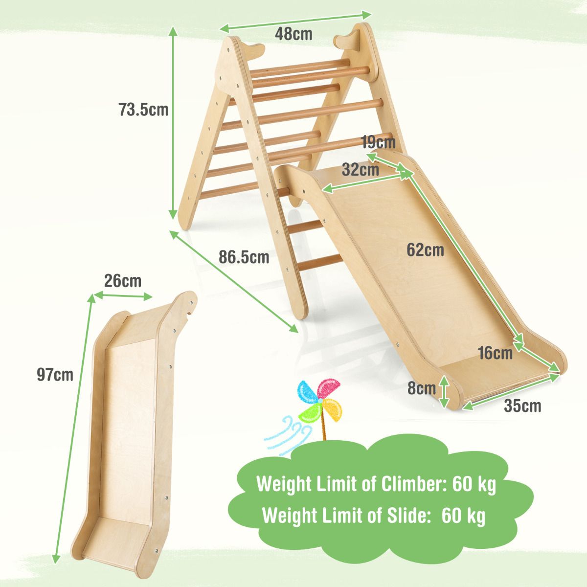 Coast Kletterdreieck mit Holzrutsche - Natur - 86,5 x 48 x 73,5 cm - Montessori Klettergerüst und Rutsche für Kinder ab 1 Jahr