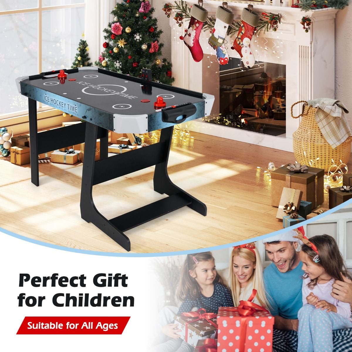 coast Zusammenklappbarer Airhockeytisch - Schwarz - 144x68x79 cm - LED-Anzeige & 12V Motor