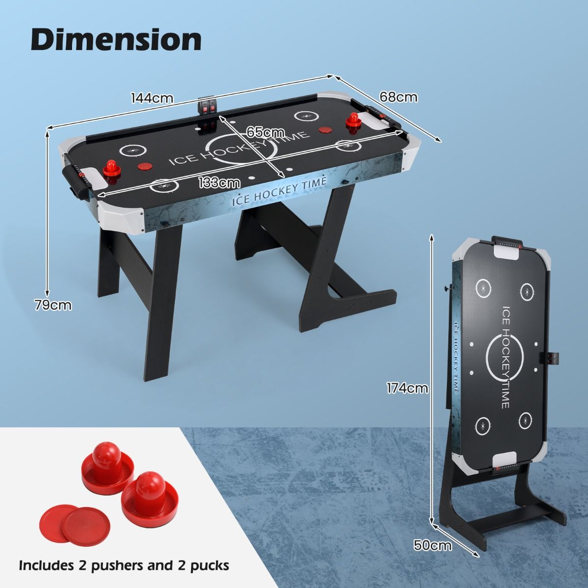 coast Zusammenklappbarer Airhockeytisch - Schwarz - 144x68x79 cm - LED-Anzeige & 12V Motor