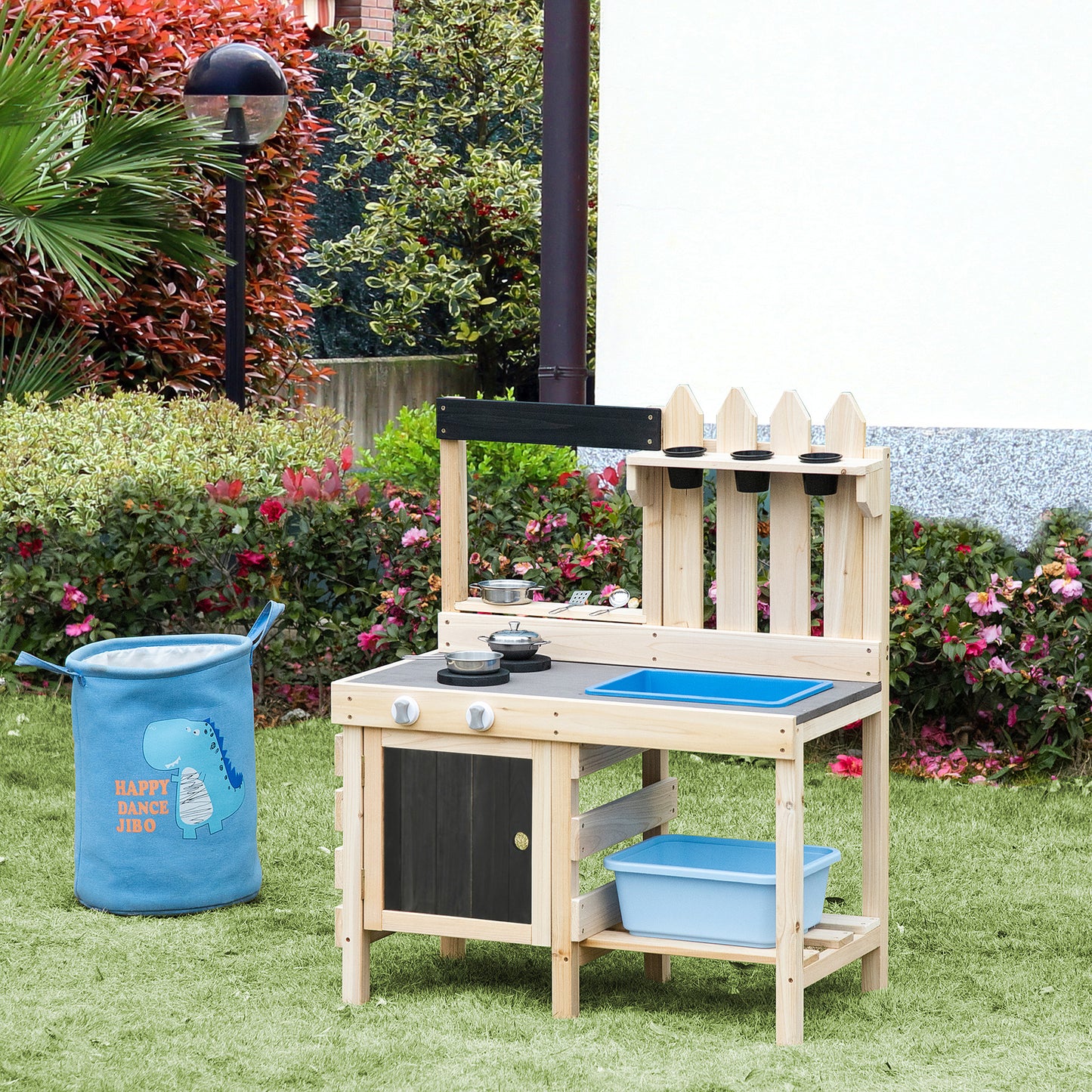 HOMCOM Kinderküche - Komplette Spielküchenzeile mit Zubehör - Grau/Schwarz - 82 x 30 x 85 cm