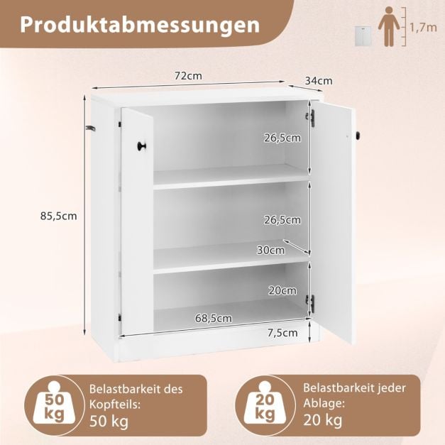 Coast Kommode Weiß – Moderne Aufbewahrungskommode mit 2 Türen und 3 Einlegeböden – 72 x 34 x 85,5 cm