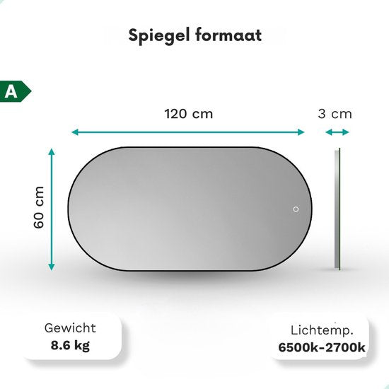 Mirlux Badezimmerspiegel - Mit LED-Beleuchtung & Heizung - Oval - 120x60CM - Schwarzer Rahmen