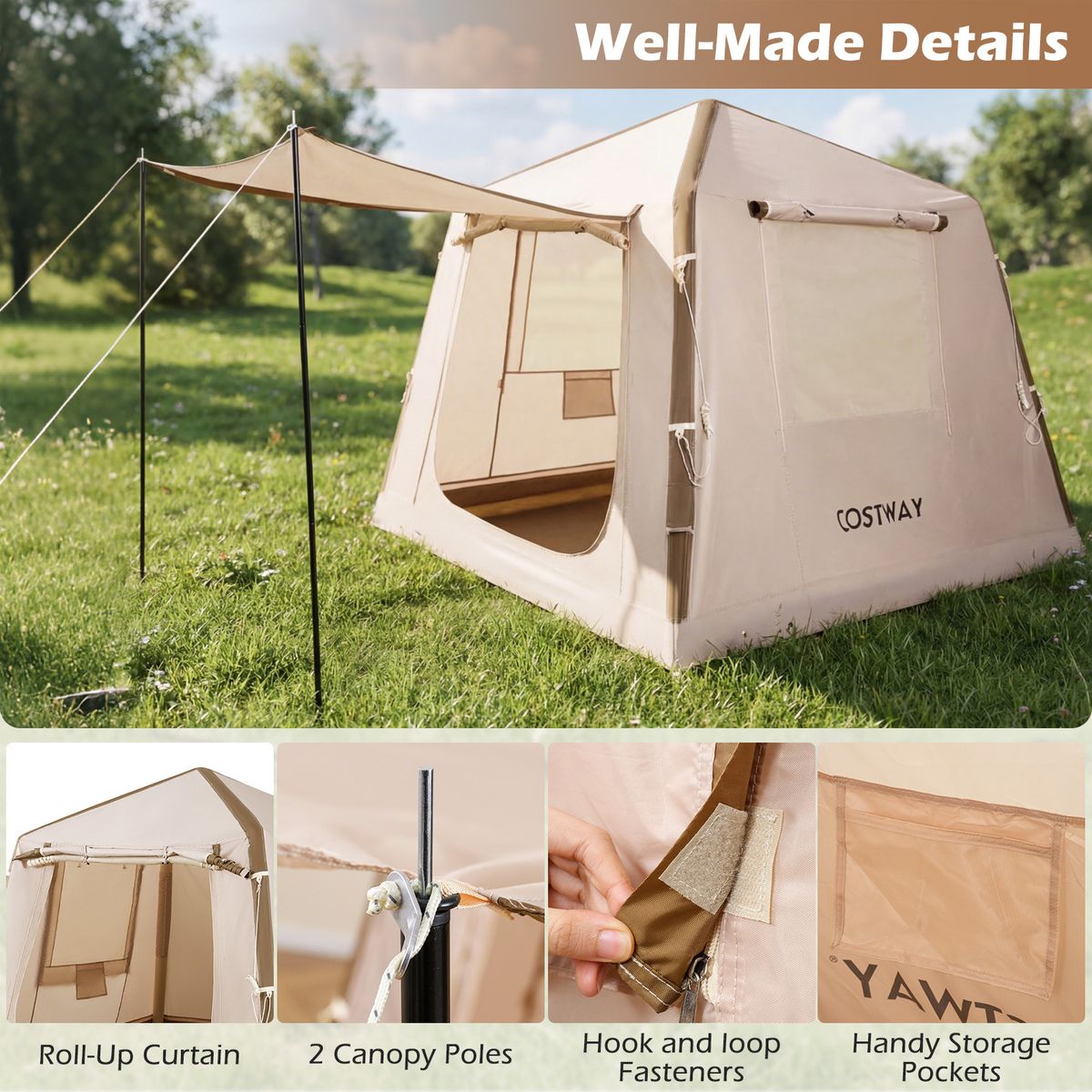 Coast Aufblasbares Campingzelt – 2 bis 4 Personen – Inklusive Pumpe und Tragetasche – Khaki – 210 x 210 x 180 cm
