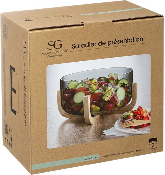 Secret de Gourmet Salatschüssel/Servierplatte – Glas/Holz – D24 cm – Servierplatte – Obstschale
