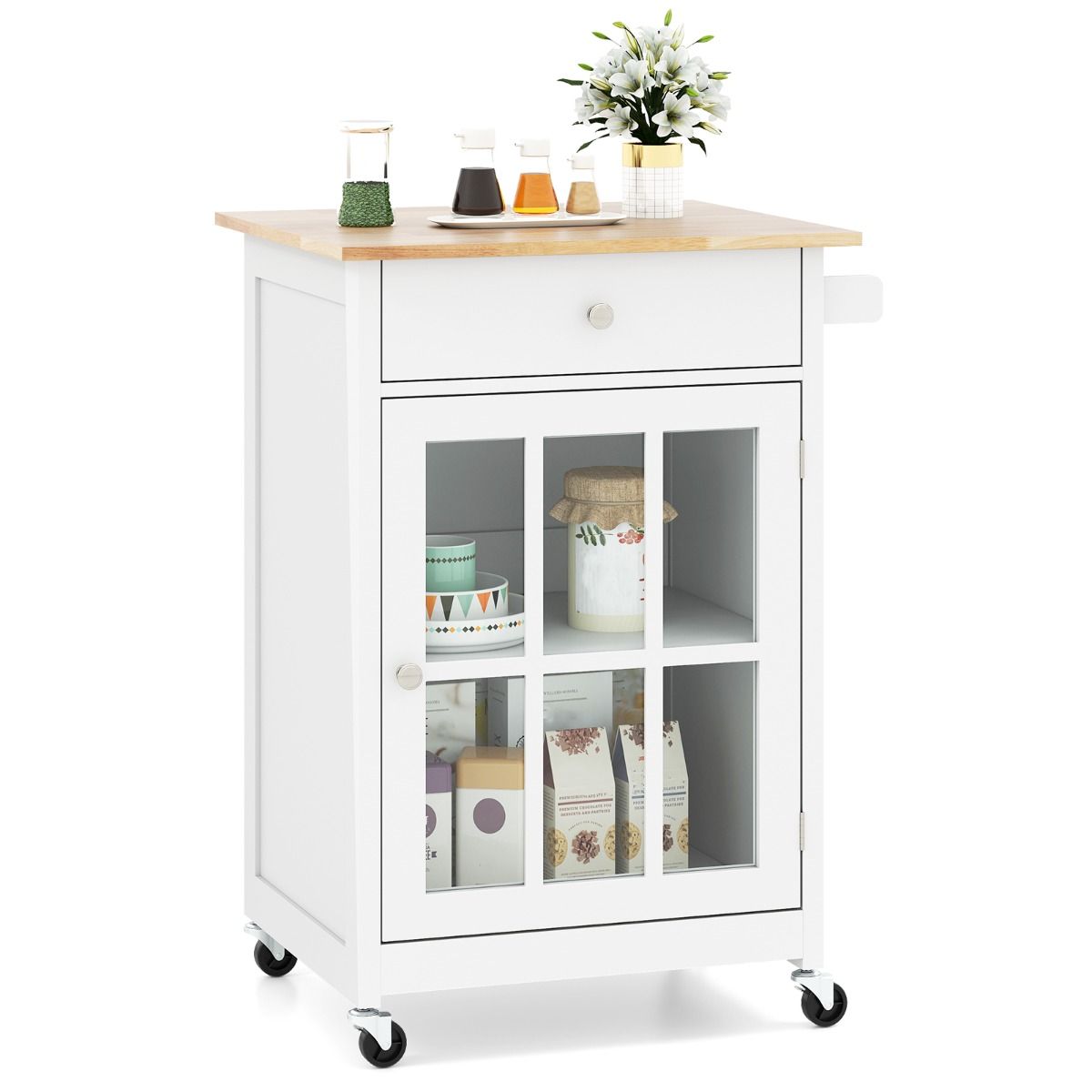 Coast Kücheninselwagen mit Holzplatte, Glastür und Schublade – 65 x 48,5 x 87,5 cm – Natur/Weiß