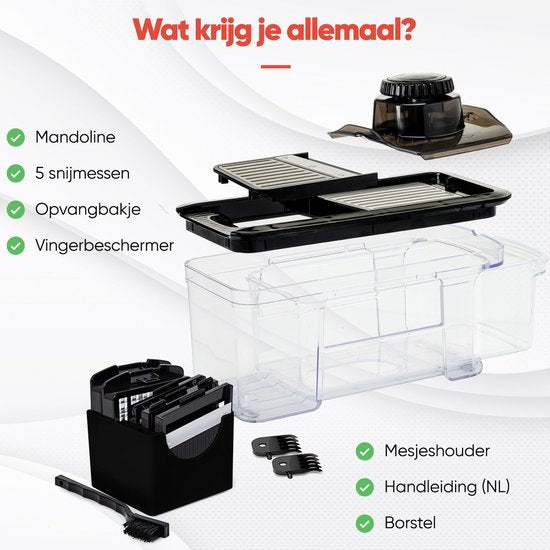 Stosh Mandoline – Gemüseschneider – Zwiebelschneider – Spiralschneider – Pommes-Frites-Schneider – Reibe – 6-teilig – Schwarz – Edelstahl – BPA-frei