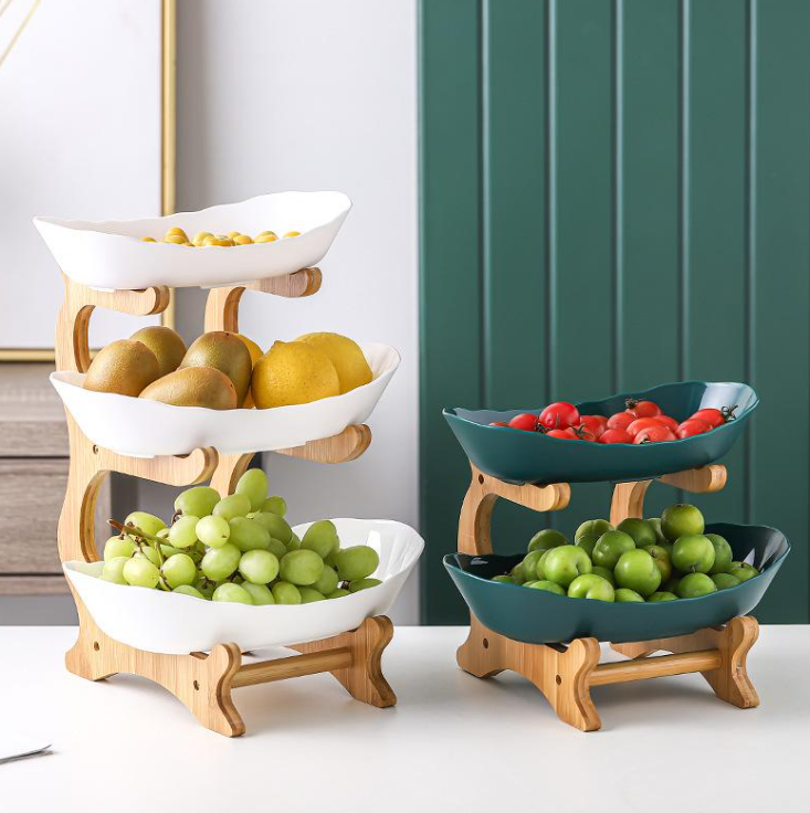 Huacan 2-stöckige Obstschale, grün – Moderne Snack- und Servierschale – Kunststoff