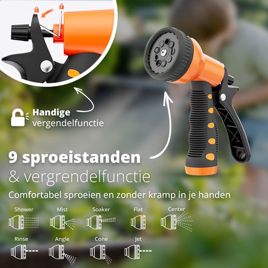 FlinQ Gartenschlauchaufroller 30 Meter – Automatischer Schlauchaufroller – Um 180° drehbarer Wandaufroller – Wandschlauchbox mit Gartenschlauch, Aufroller und Sprühkopf – 9 Sprühstufen