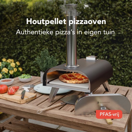 KitchenBrothers Pizzaofen - Holzbefeuert - Tischmodell - Zusammenklappbar - PFAS-frei - Pizzastein - bis zu 460°C - Pizzabäcker - Komplettset - Pizzaofen für draußen - Schwarz/RVS