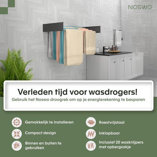 Noswo Zusammenklappbarer Wäscheständer - Wandtrockner - Inklusive 20 Wäscheklammern - Hängender Wäscheständer - Zusammenklappbar - Wand - Aufhängbar - 4m Trocknungslänge - Schwarz