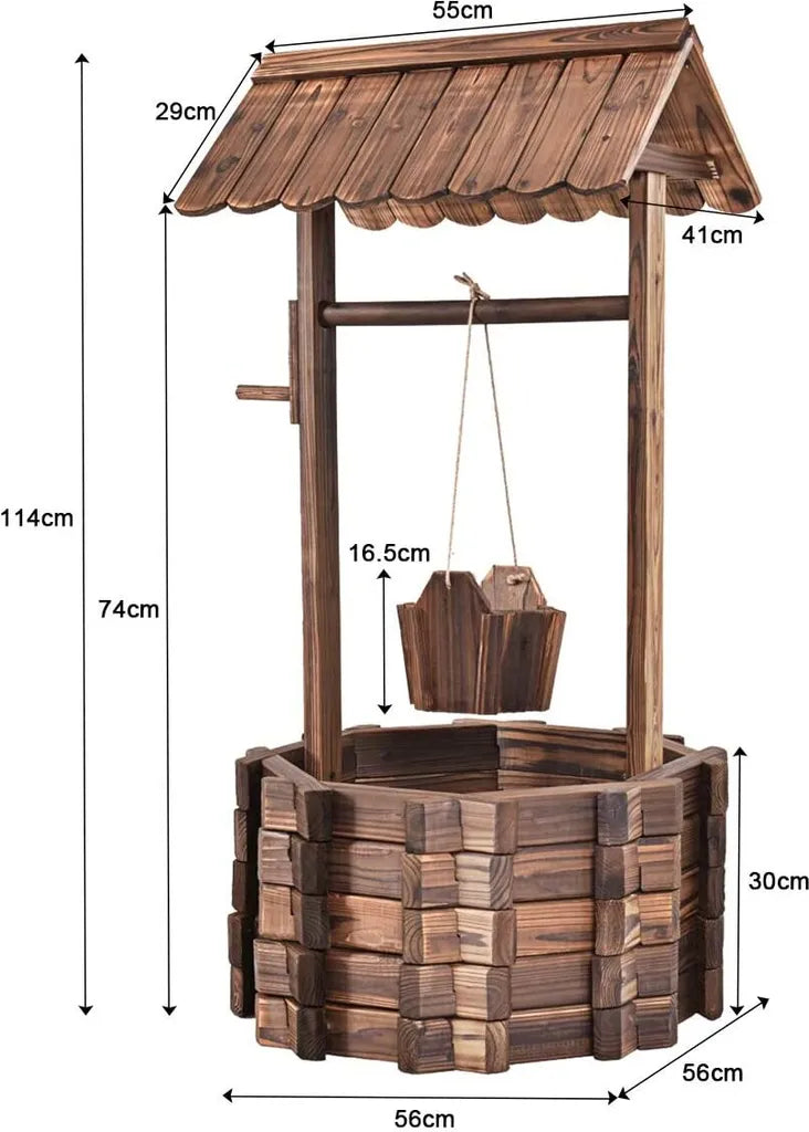 Coast Gartenbrunnen - Mit Holzbrunnen, Eimer und Blumentopf mit Dach - Rustikales Design - 43 x 39 x 72 cm - Braun