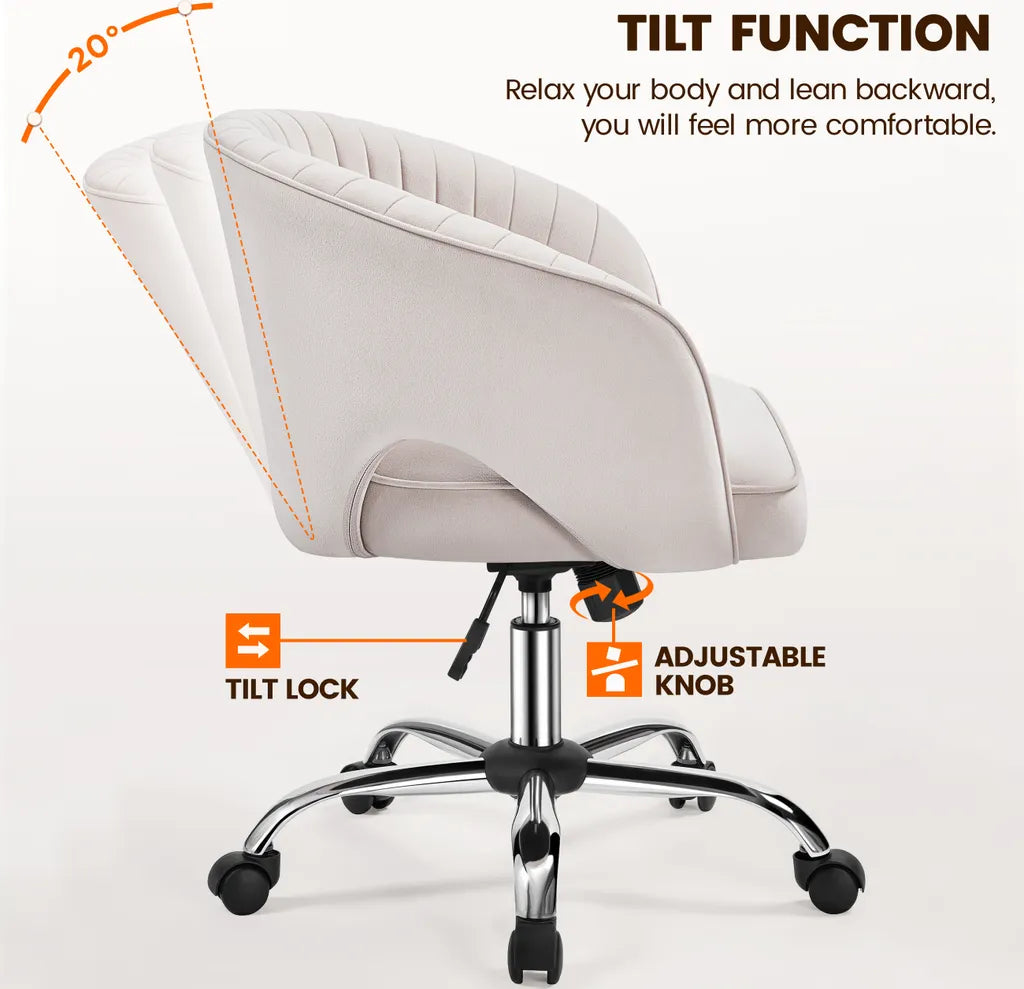 Yaheetech Samt-Bürostuhl mit Armlehnen und Rollen – Beige – 60 x 56,5 x 73–83 cm