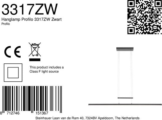 Hängeleuchte Profilo 3317ZW Schwarz, 115 cm breit, höhenverstellbar, Kunststoff & Metall, Steinhauer